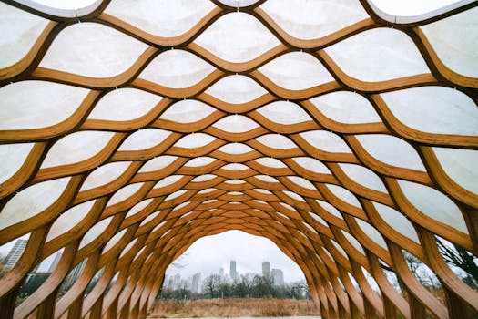 Captivating wooden architectural structure framing the Chicago skyline in a park setting.